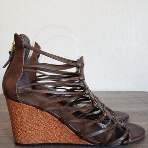Ralph Lauren Alexandrea Caged Leather Wedge Sandal Chocolate Brown Size Womens 9
